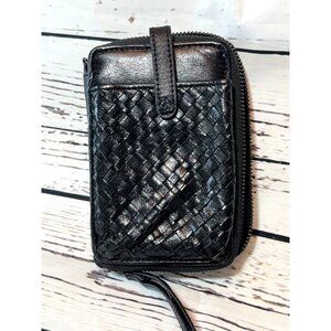 Elliott Lucca Black Woven Leather Card Wallet With Zip Closure & Wrist Strap